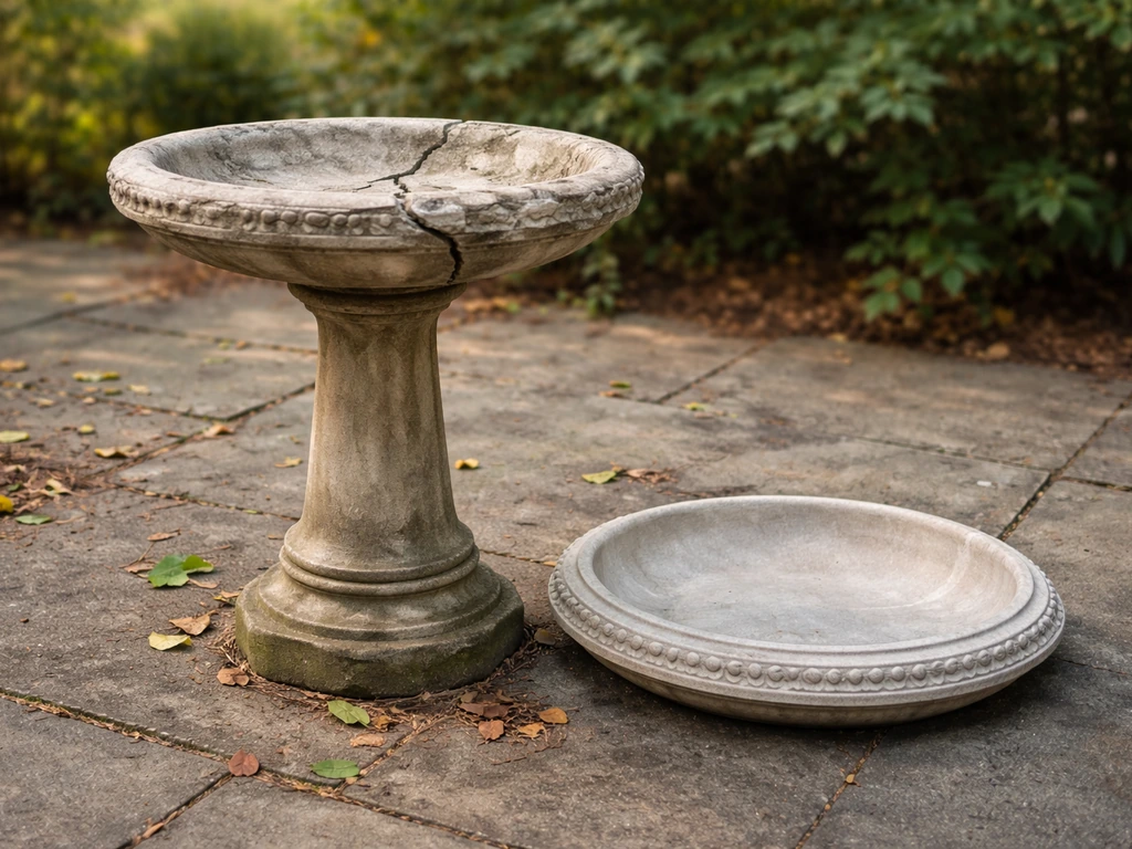 Pedestal bird bath with a cracked basin next to a separate replacement basin top on the ground.