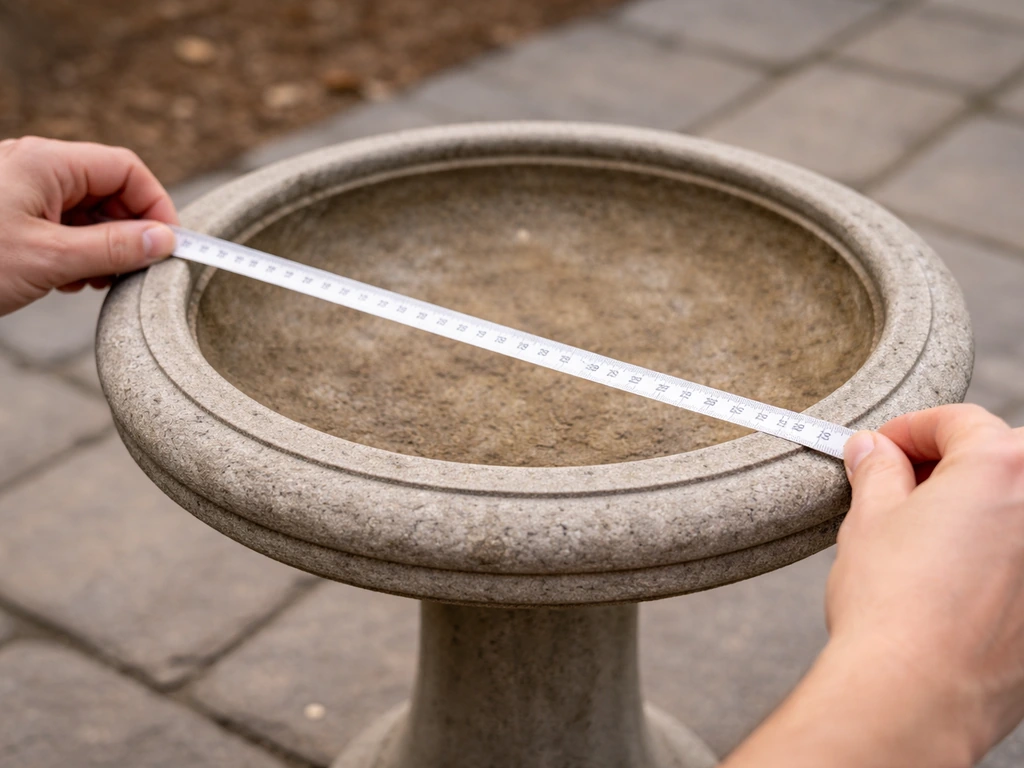 Hands using a tape measure to measure the outer diameter of a bird bath pedestal top.