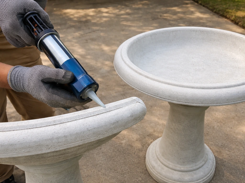 Gloved hands apply adhesive to a cleaned pedestal top while a replacement birdbath basin is dry-fitted.