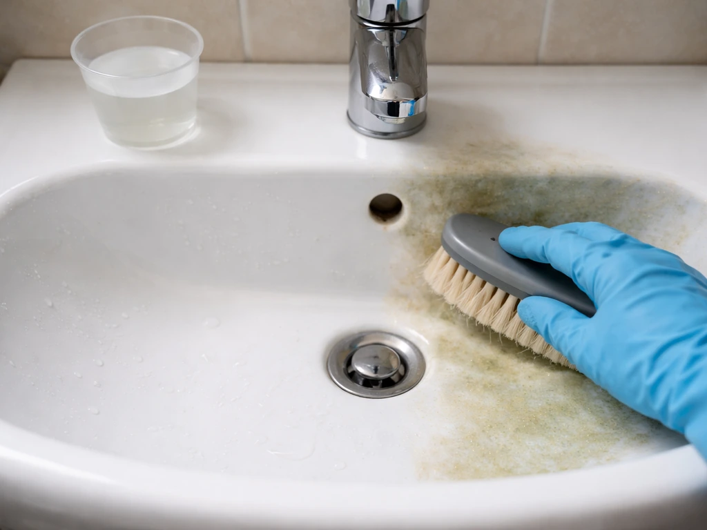 Close-up of a sink basin being scrubbed with a stiff brush and vinegar solution, showing clean vs algae-stained areas.