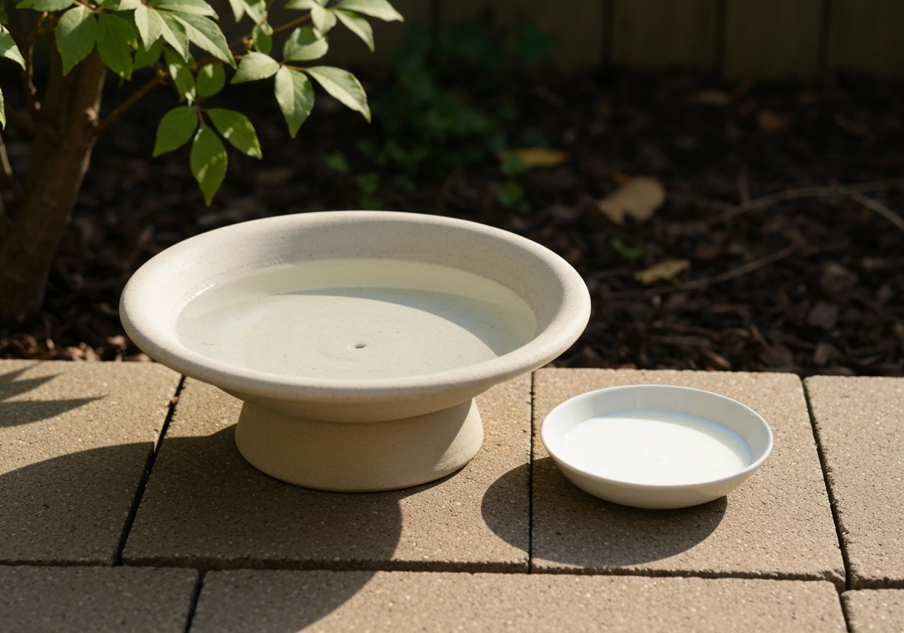 Clean empty bird bath beside a small dish of milk in a backyard patio