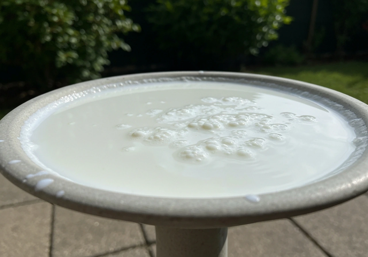 Close-up of cloudy, curdled milk in an outdoor bird bath, suggesting spoilage