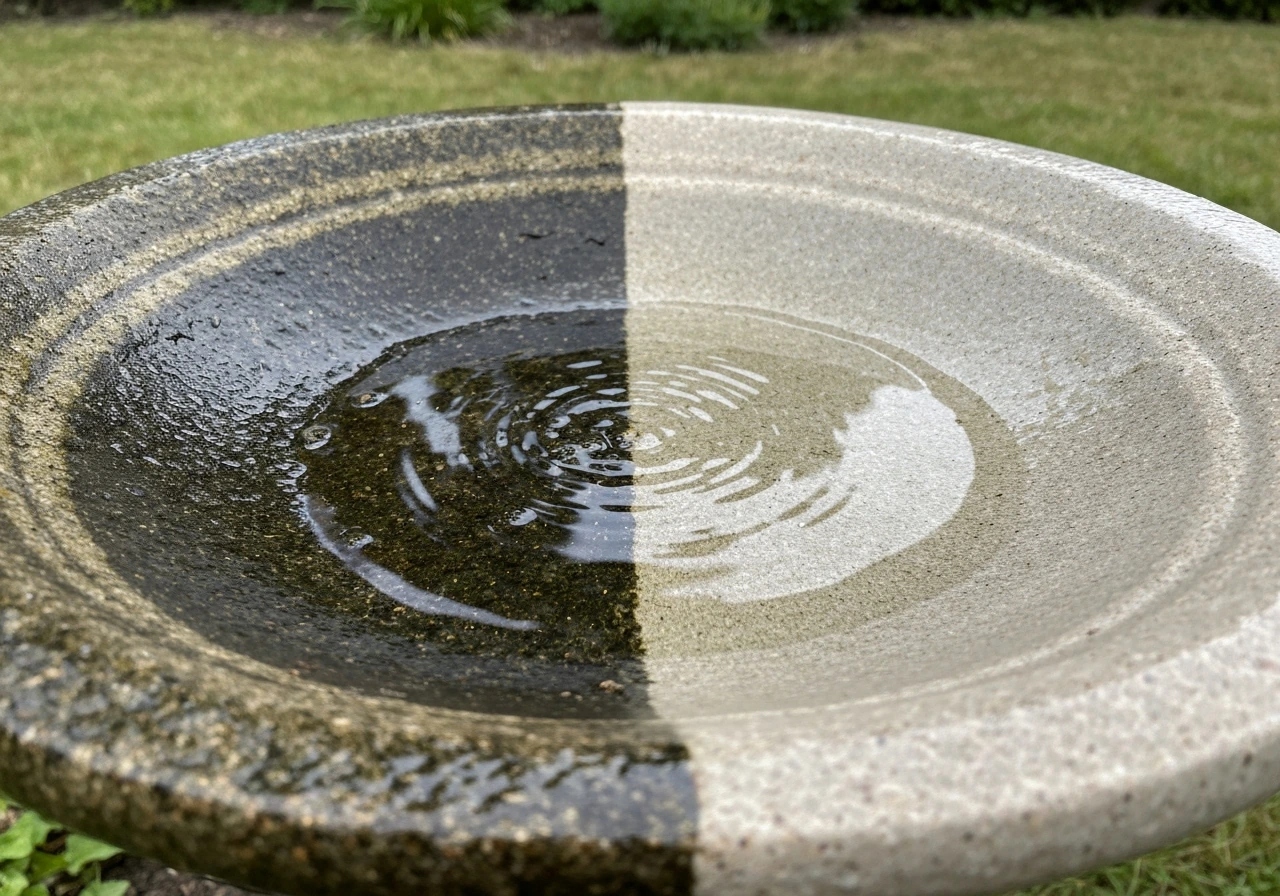 Close-up of an outdoor bird bath showing dirty biofilm and standing-water grime beside a freshly cleaned area.
