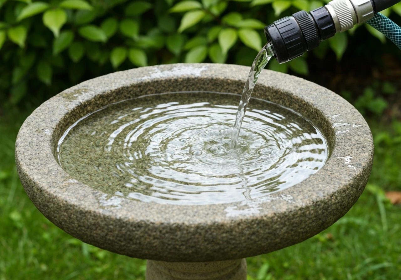 Clean bird bath filled with fresh tap water, being topped up from a hose