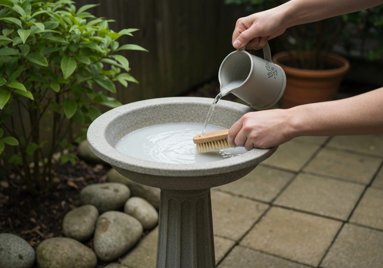 Hands empty and rinse a bird bath, scrubbing the basin after cloudy milky water.