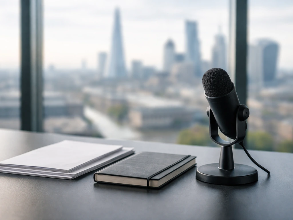 A minimalist London newsroom desk scene with a microphone and neatly arranged cash-free financial materials, symbolizing