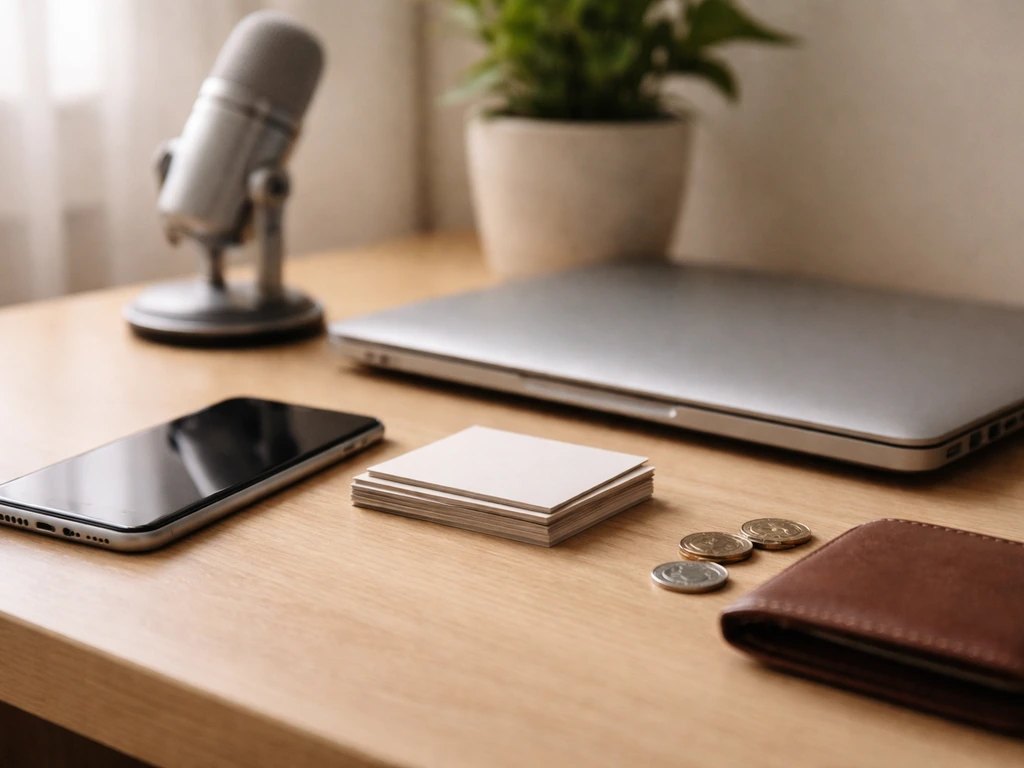 Minimal home-office desk with smartphone, coins, wallet, and a microphone symbolizing anonymous media finance analysis.