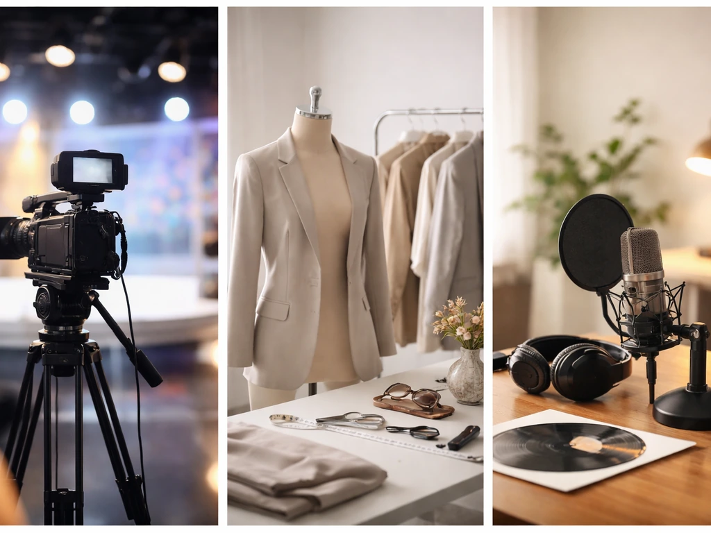 Three-panel collage: TV camera, fashion workspace, and studio mic/headphones suggesting income drivers.