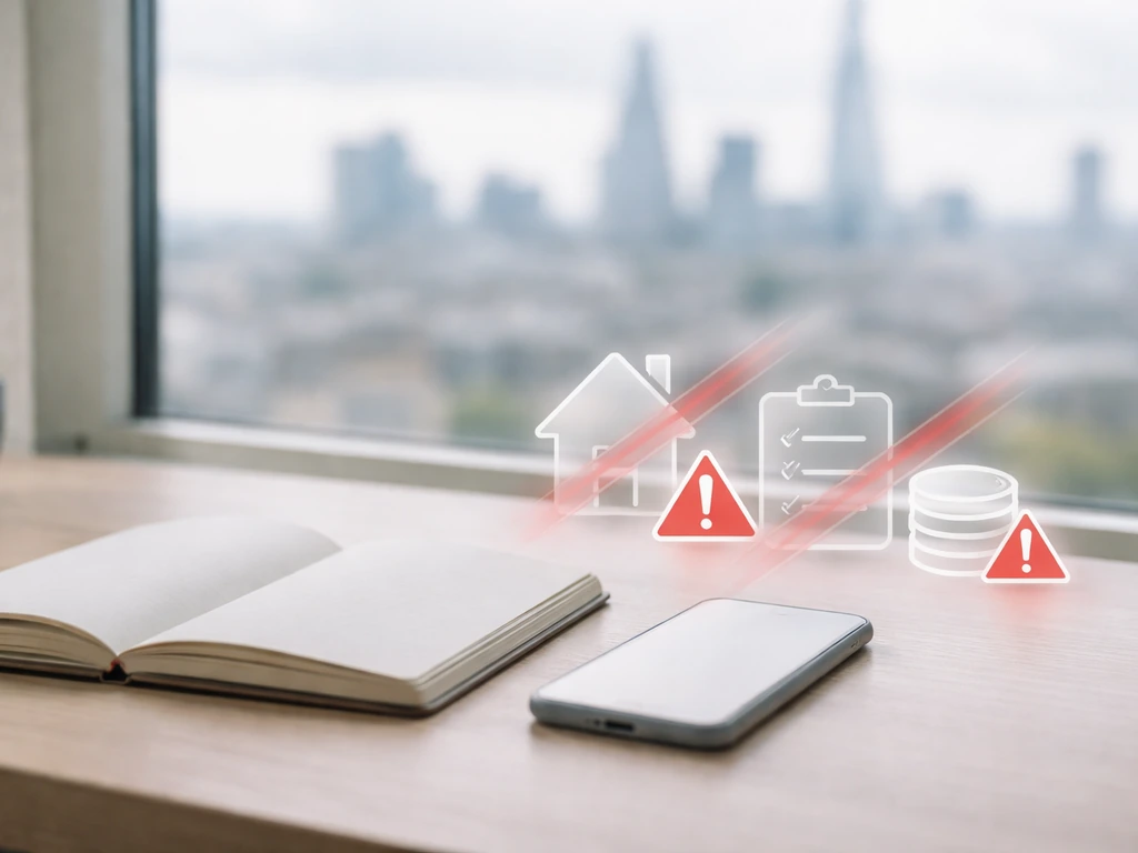 Desk with faint property/investment icons and a subtle warning overlay, signaling no verified assets.