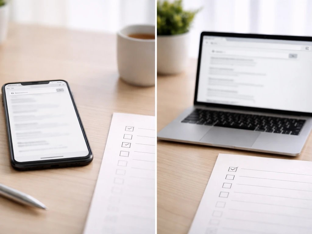 Split-screen desk scene with a blurred phone search UI and a blank checklist paper for verification tracking.