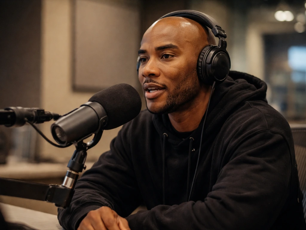 Charlemagne Tha God seated in a radio studio with headphones, speaking into a microphone.