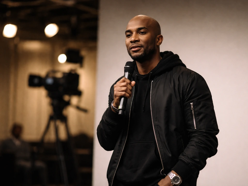 Charlemagne Tha God speaking at an event, with a subtle TV studio background suggesting media appearances.