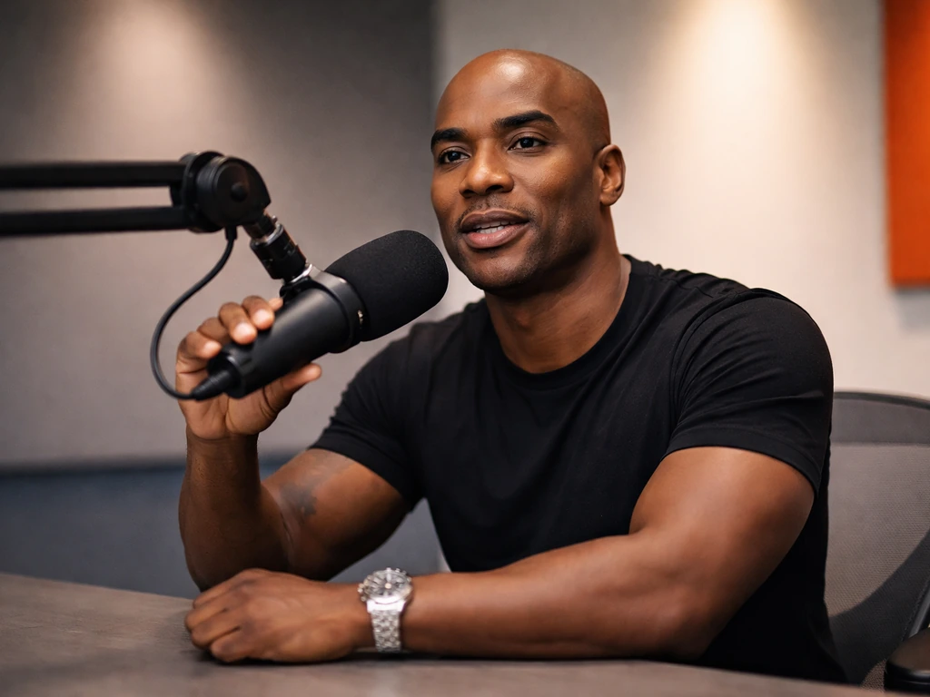 Charlemagne Tha God in a studio, holding a branded microphone as if announcing a sponsorship deal.