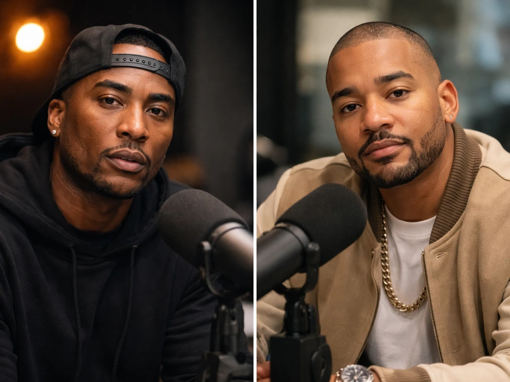Two podcast personalities shown side-by-side, representing Charlemagne Tha God and a Breakfast Club co-host.