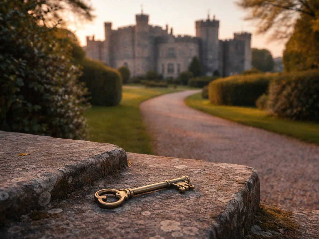 Powderham Castle grounds at golden hour with a brass key on stone, symbolizing historic estate ownership.