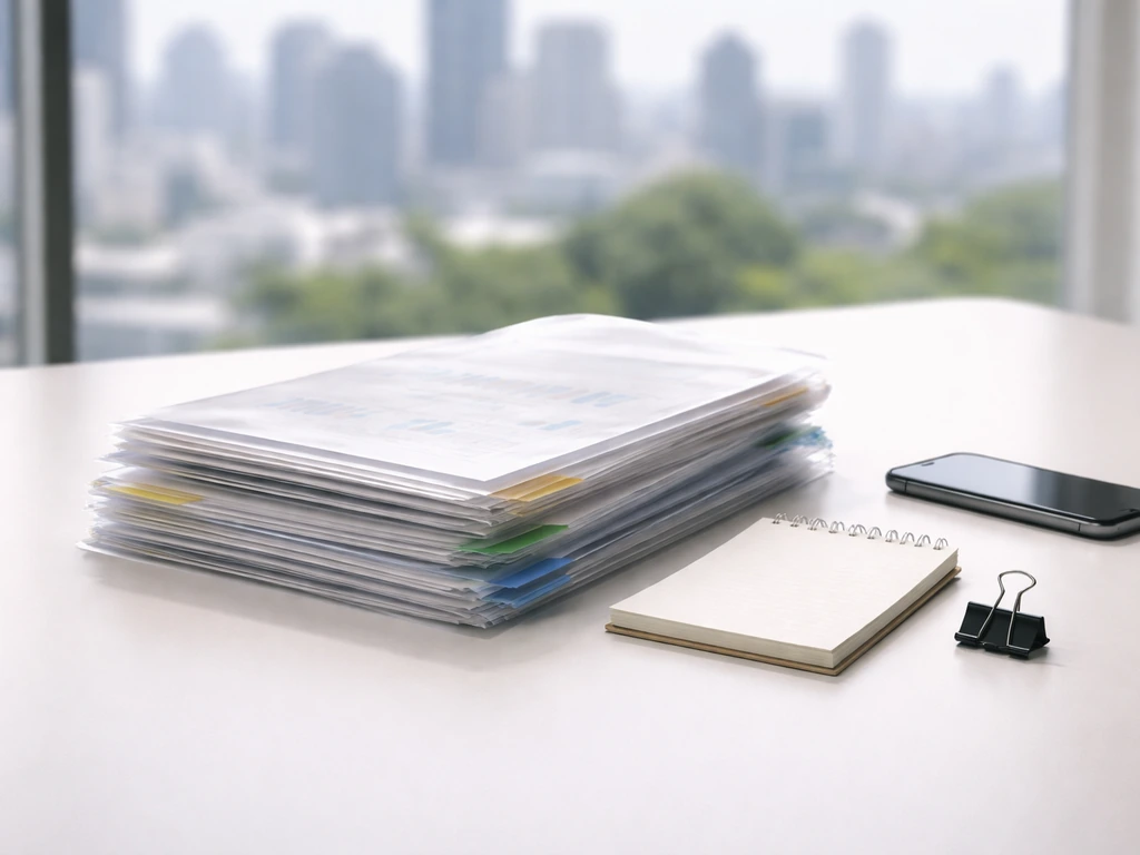 Neatly stacked business documents and office tools on a desk, symbolizing a sources-and-methodology workflow.