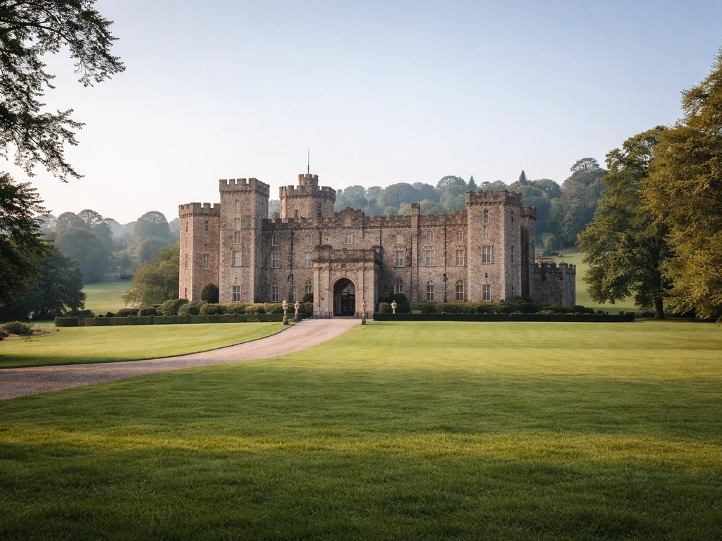 Exterior of a grand historic castle with surrounding estate grounds under natural daylight.
