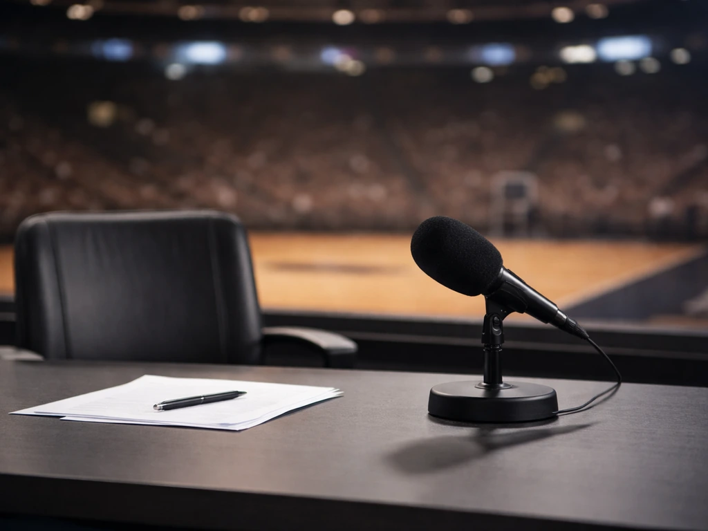 Empty TV studio desk with a microphone and a blurred basketball court backdrop, symbolizing a sports net worth estimate.