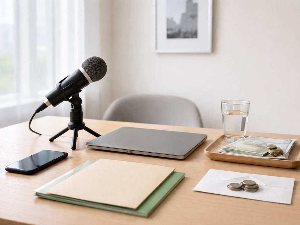 Minimal desk setup with microphone and money props symbolizing income and liabilities.