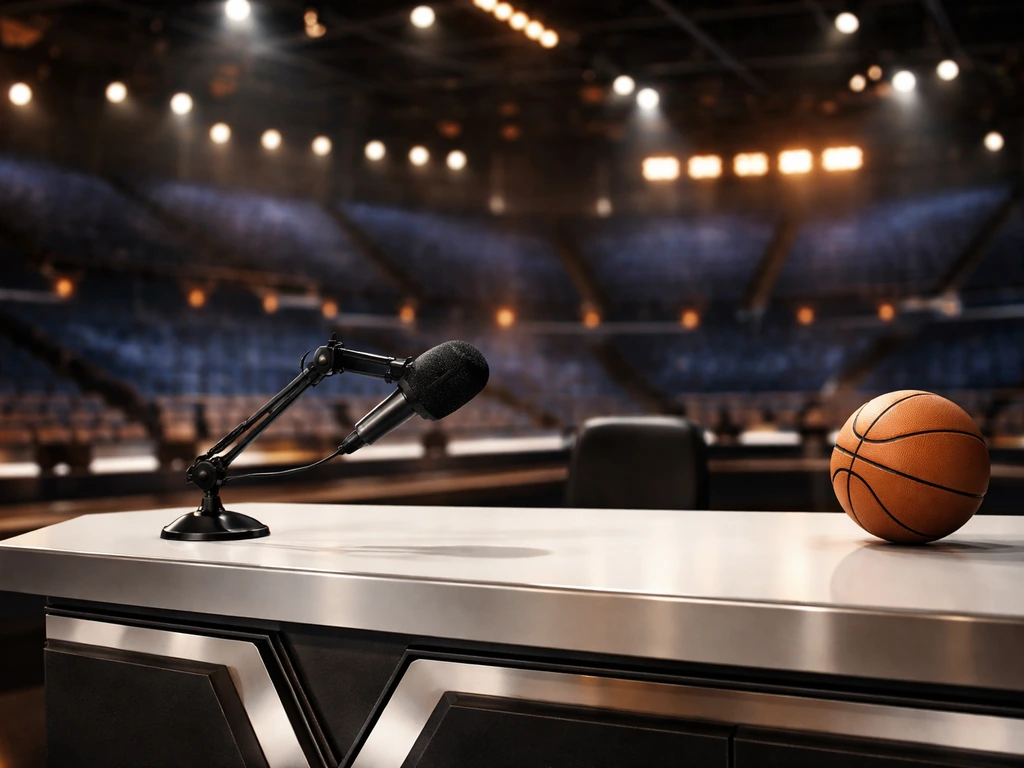 TNT-style basketball TV studio scene with a host desk, microphone, and studio lights in view