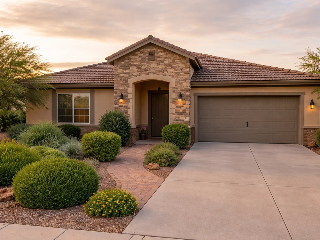 Sunlit exterior of a well-kept single-family home with driveway and landscaped front yard.