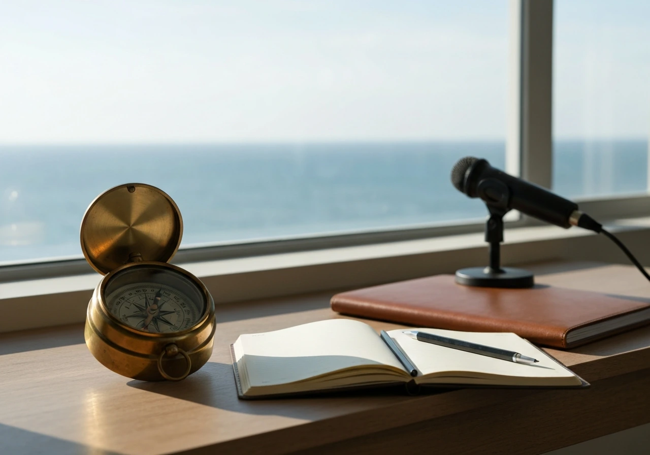 Weathered compass, blank notebook, and microphone on a desk beside a calm ocean horizon.