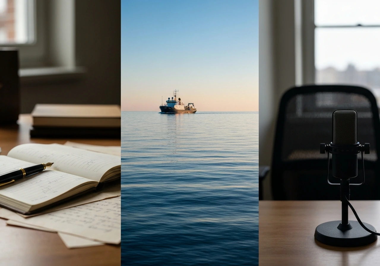 Minimal collage of vintage desk papers, ocean research at dawn, and a studio microphone—no people or text.