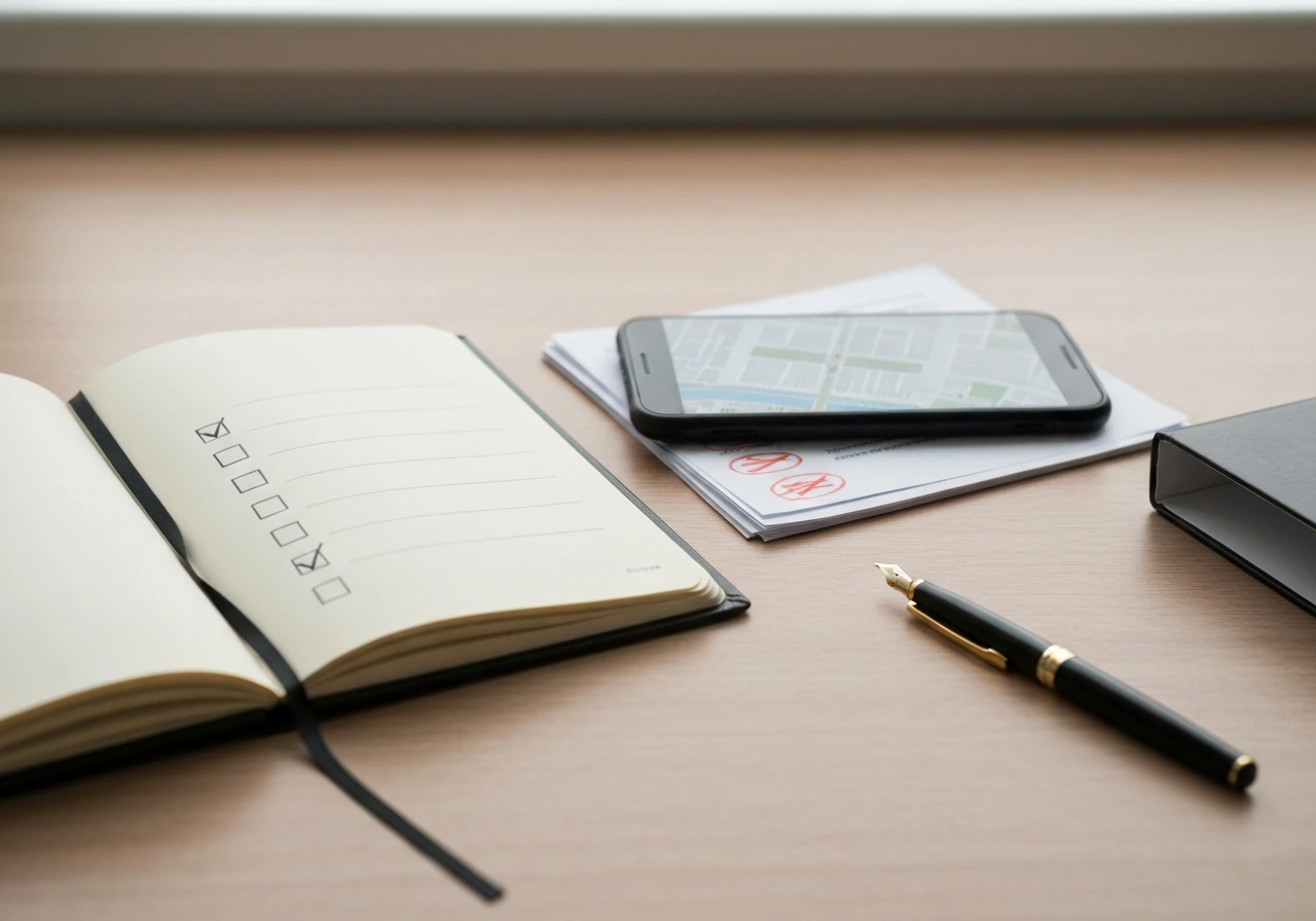 Minimal desk with blank checklist notebook, documents, and pen suggesting evidence-based net worth research.