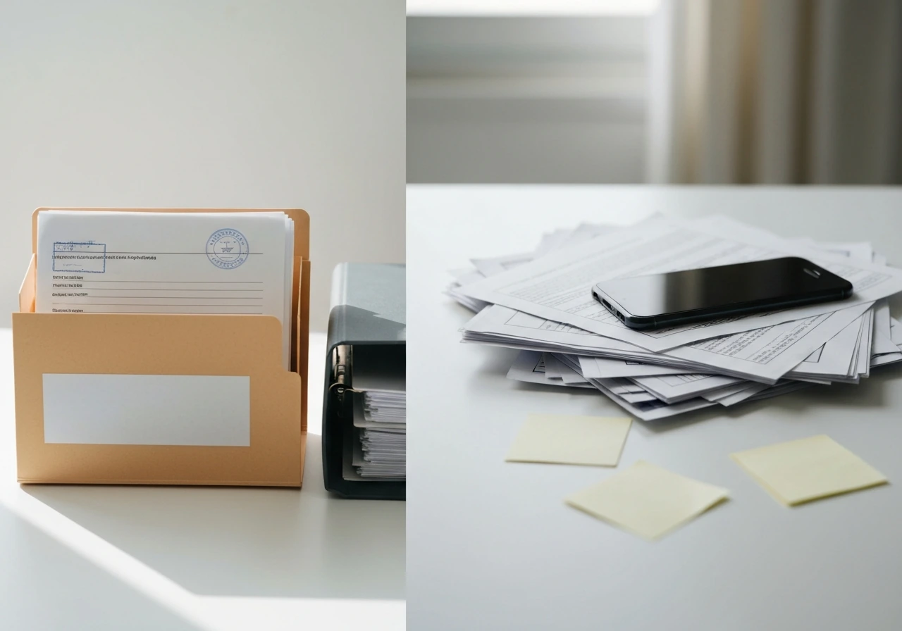 Desk scene split between neat government-like documents and messy anonymous web-style papers, no readable text.