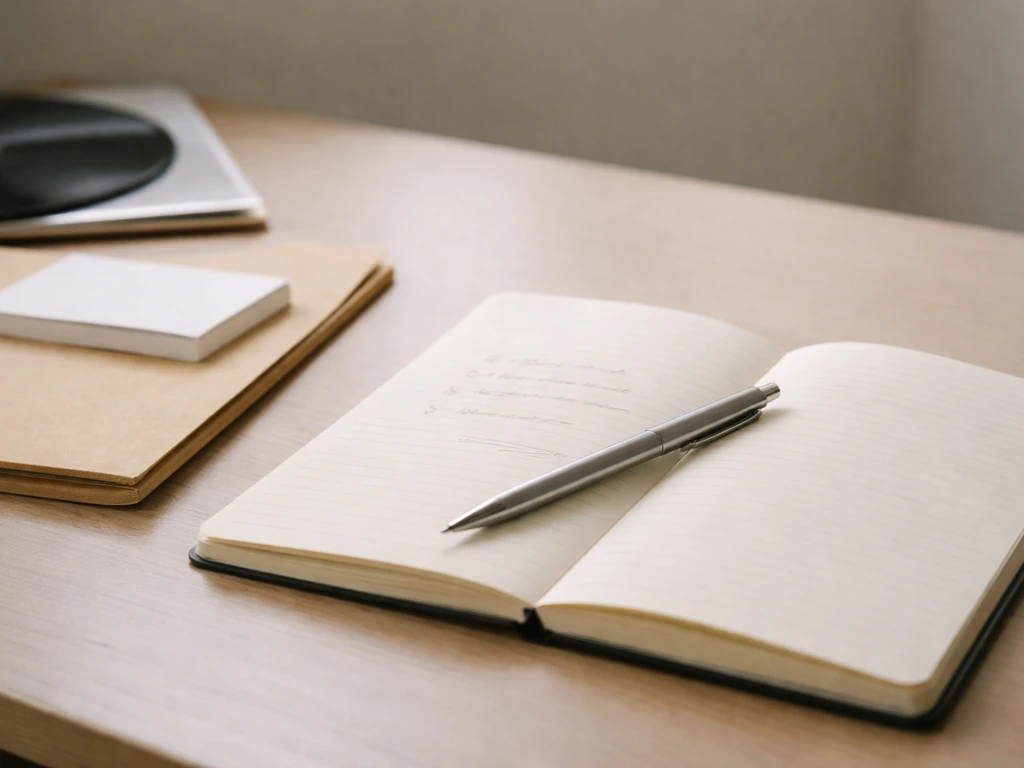 Close-up of a notebook with handwritten income categories and a pen beside a music royalty folder.