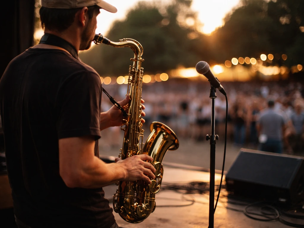 Anonymous saxophonist playing live at a small festival stage with soft evening lights and audience blur.