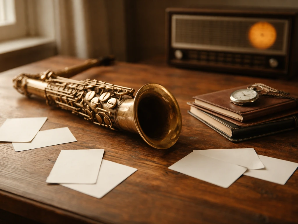 Minimal photo of a saxophone resting near an open notebook and vintage radio in warm studio light