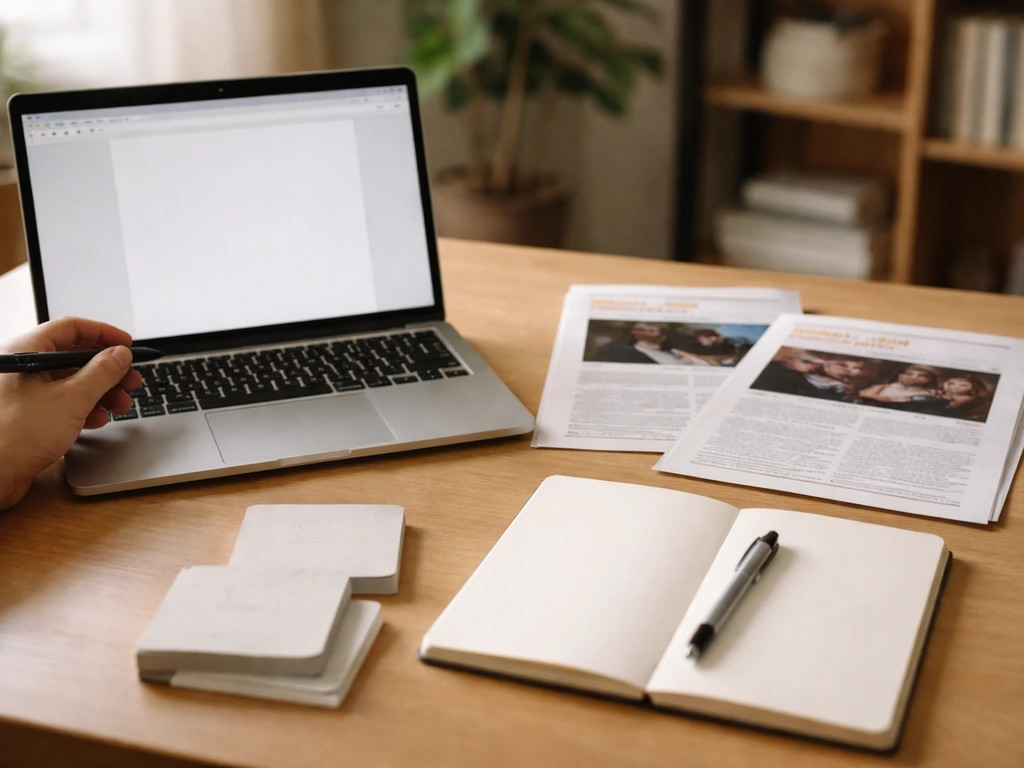 Close photo of laptop and printed music press pages beside a notebook, symbolizing verifying changes over time.