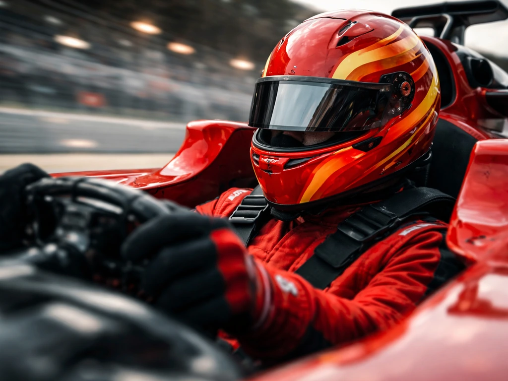 Helmeted F1 driver in red Ferrari-style gear gripping the steering wheel during a race.