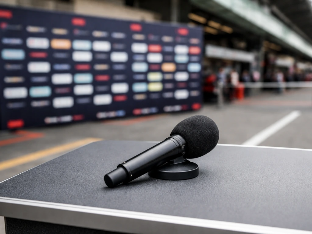 Wireless microphone beside out-of-focus motorsport sponsor boards, symbolizing brand partnerships.