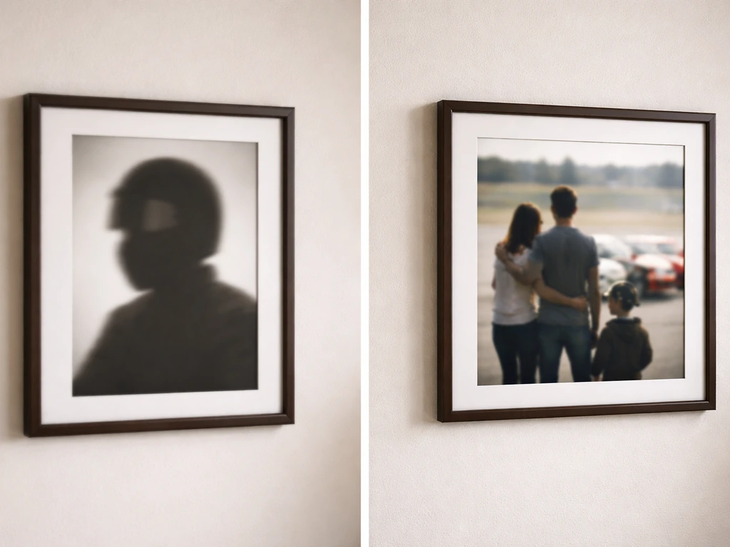 Split scene with two framed photos: generic racing silhouette vs blurred family motorsport moment.