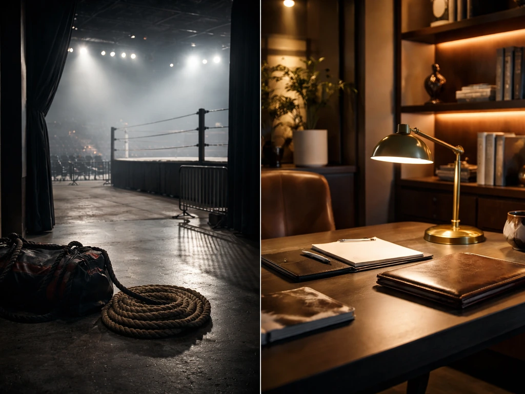 Split-screen: empty wrestling arena gear on one side, upscale office objects on the other.