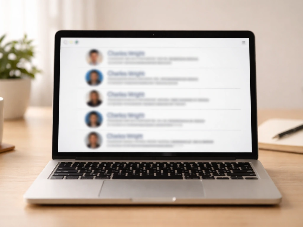 Minimal photo of an anonymous laptop screen showing a blurred search-results style collage of multiple identities