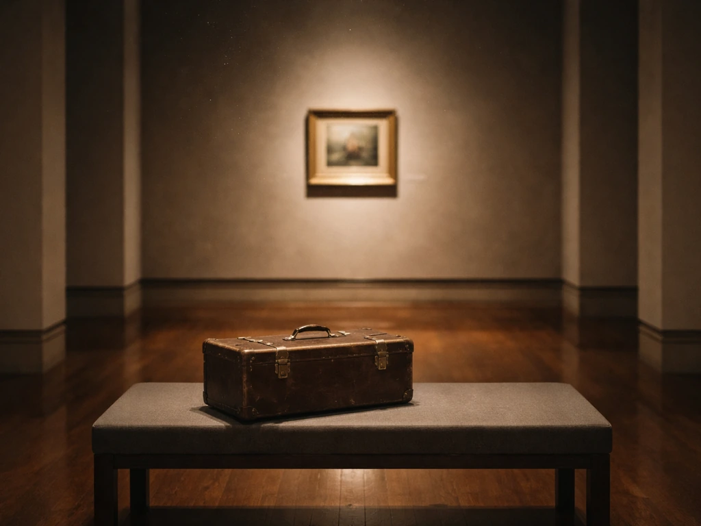 Vintage museum gallery interior with warm spotlight on framed artwork and a single antique suitcase-like case