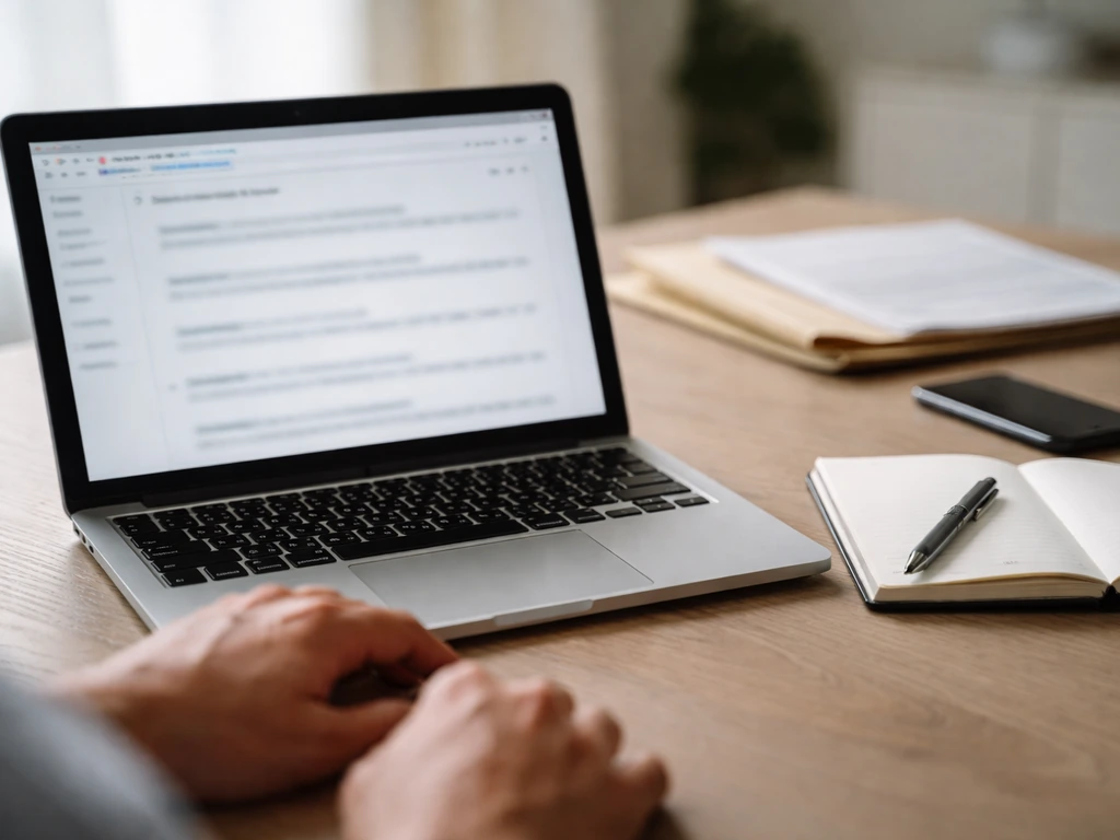 Close-up of a laptop showing blank browser pages and a notebook while reviewing public records online.
