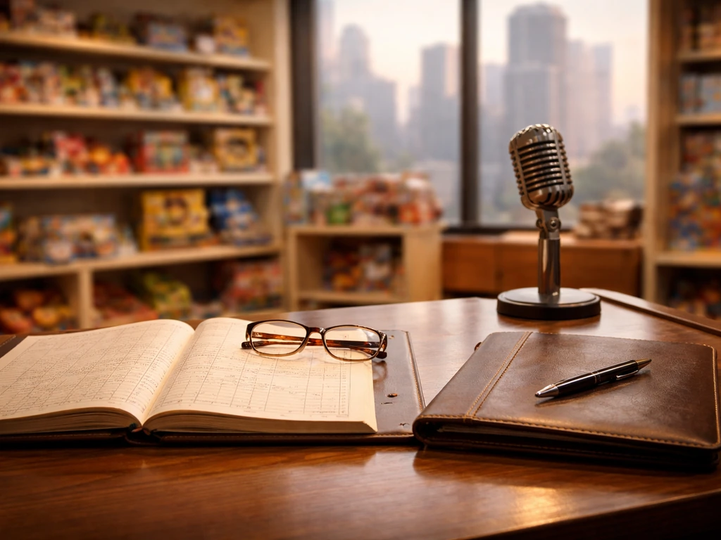 Minimal desk scene with a vintage ledger and microphone, symbolizing retail legacy and financial analysis.