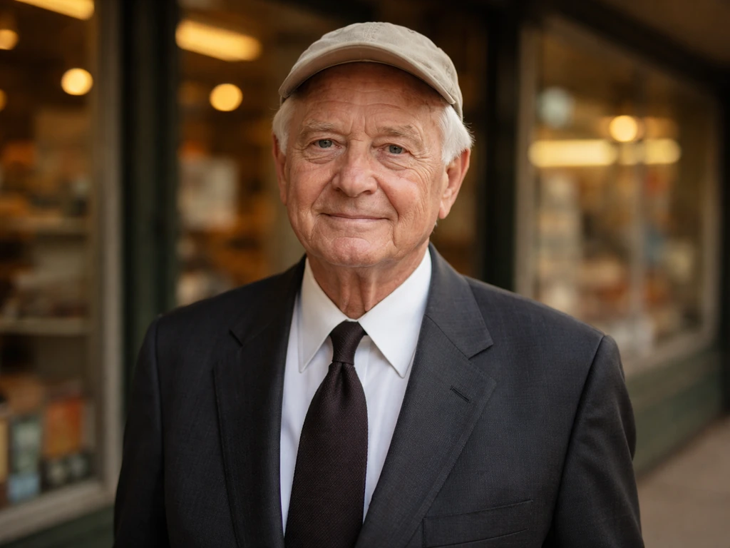 Anonymous older retail founder in a mid-century suit in front of a softly blurred vintage store window.