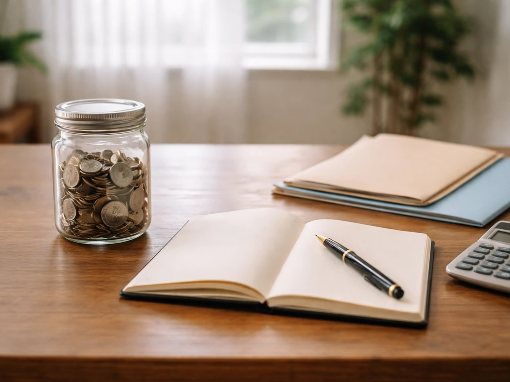 Coins jar and simple desk items suggesting asset vs liability calculation in a quiet home office.