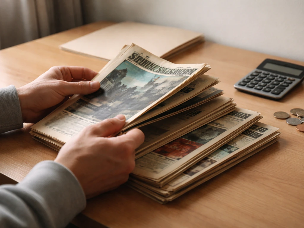 Close-up of a person’s hands flipping through old business magazines and a calculator on a desk