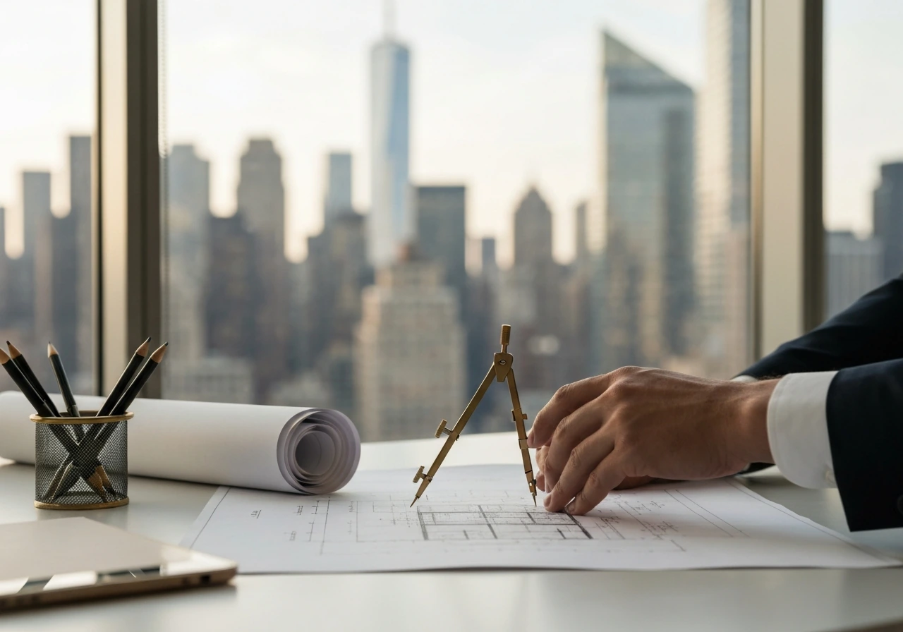 Anonymous hands arranging a compass and blueprint on a desk beside NYC skyscraper window bokeh.