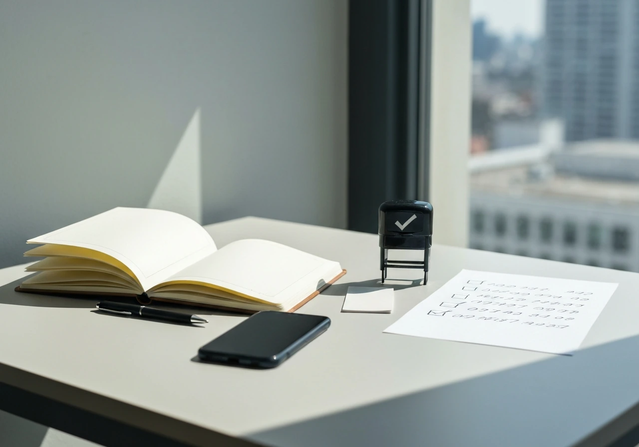 Minimal office desk with notebook, pen, smartphone, folder, and verification stamp suggesting evidence review.