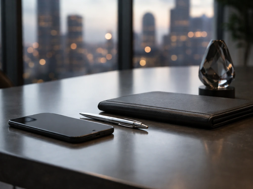 Minimal luxury boardroom desk with phone and portfolio, warm city skyline blurred behind, finance and media vibe.