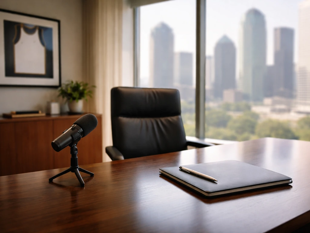 Minimal Dallas office desk setup with microphone and skyline light, symbolizing alternative asset leadership and wealth.