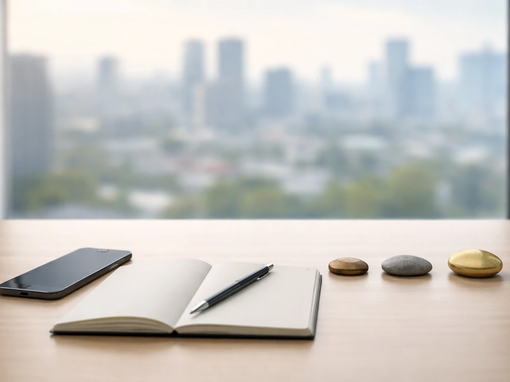 Minimal office desk with pen, notebook, and milestone-like tokens suggesting a career timeline.