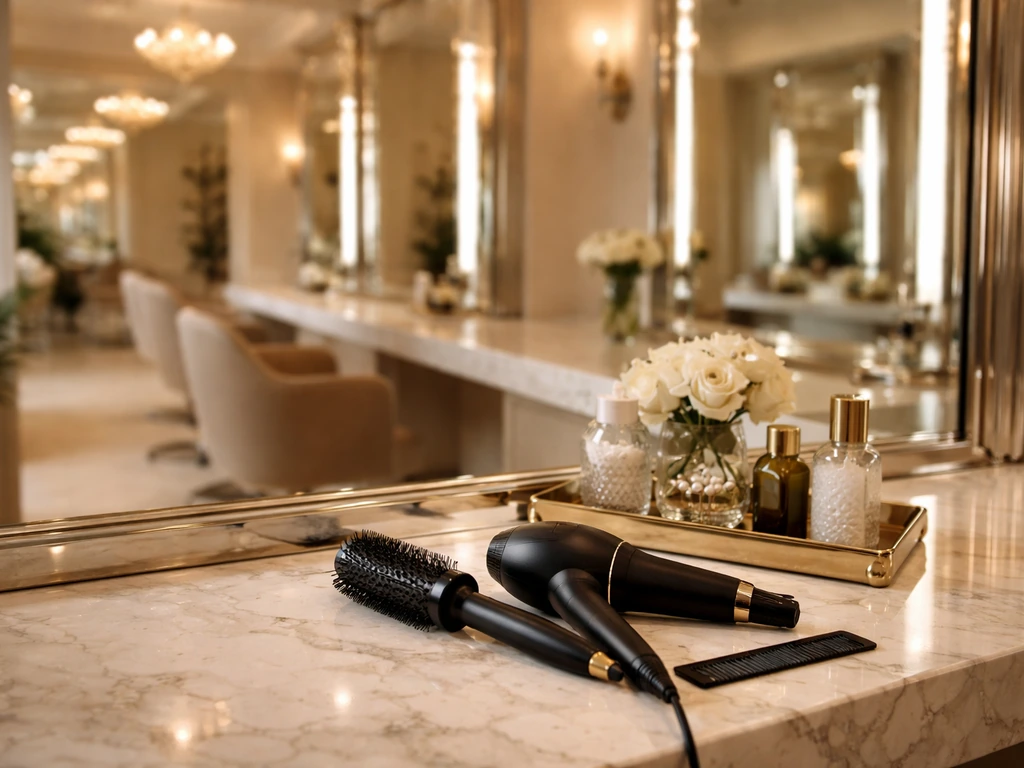 Luxury Beverly Hills beauty salon scene with elegant styling that hints at wealth and business success